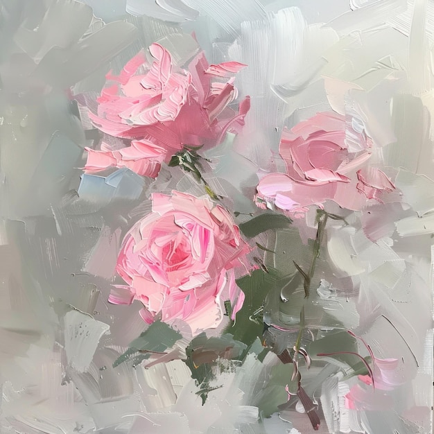 Картина, изображающая три розовые розы, помещенные в прозрачную стеклянную вазу.