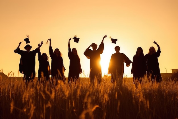 A painting depicting university graduates throwing their hats off at sunset Generative AI