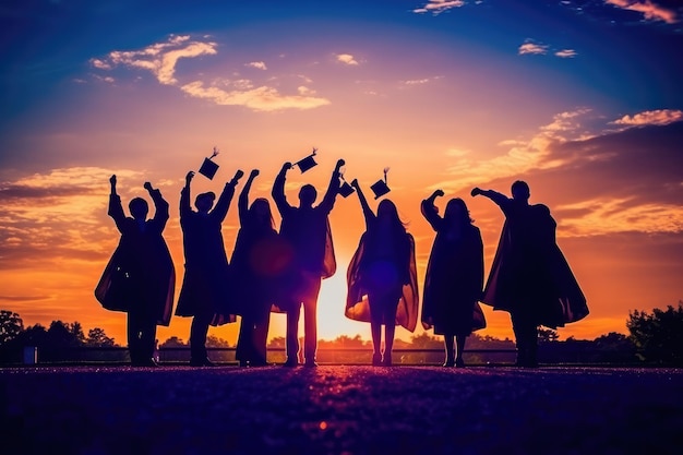 A painting depicting university graduates throwing their hats off at sunset Generative AI