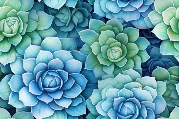 Photo a painting depicting various shades of blue and green succulents the succulents are artistically arr