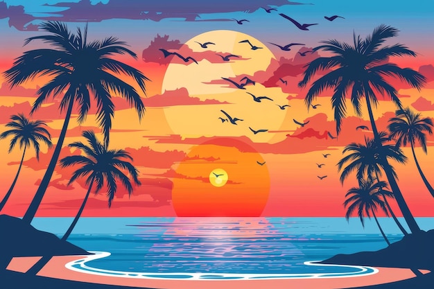 a painting depicting a vivid sunset over a tropical beach with silhouetted palm trees in the foreground a tropical beach scene with palm trees and a sunset for a summer vacation