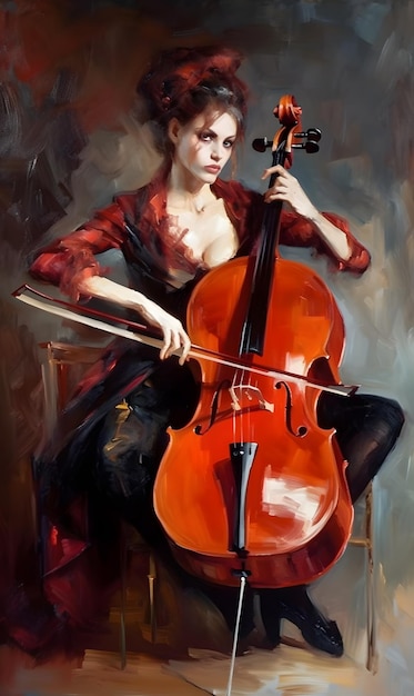 Painting depicting a woman playing the cello in a red dress AI generation