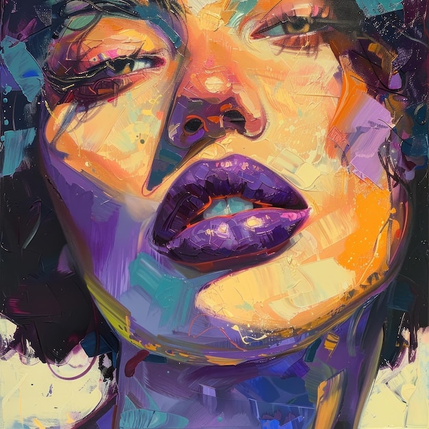 A painting depicting a woman with striking purple lipstick her face highlighted in vivid colors and