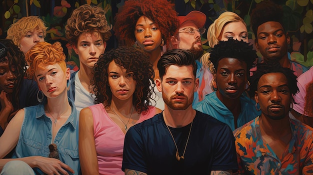 Photo a painting depicts a crowded group of people in the style of diverse color palette