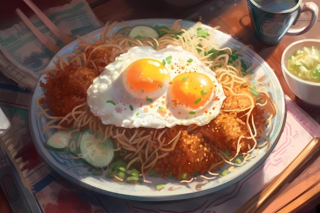 The painting depicts a delicious looking plate of Fried Rice with egg on a table Generative AI