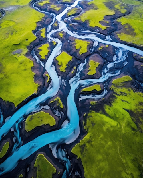 The painting depicts a stunning aerial view of a melting glacier Generative AI