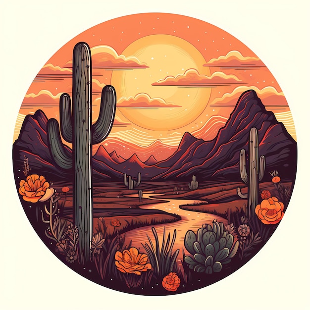 A painting of a desert landscape with cactus and mountains in the background.