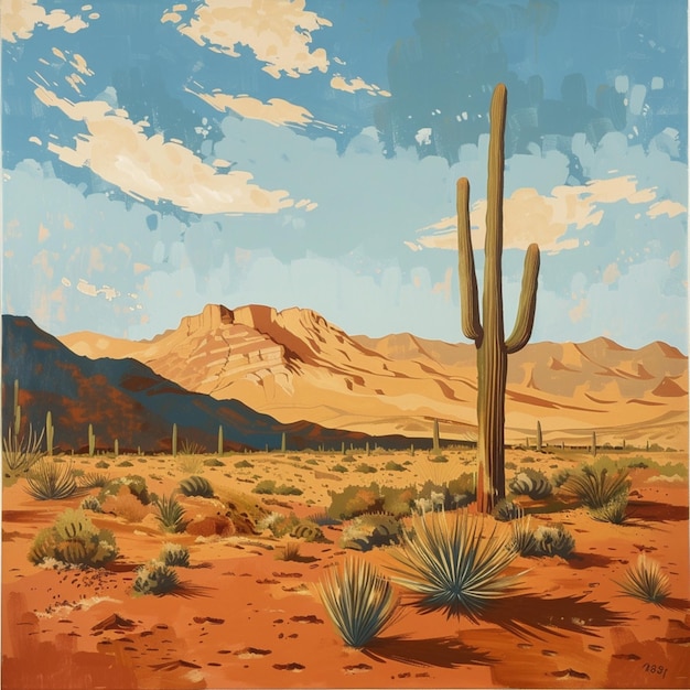 a painting of desert landscape with a desert landscape and mountains in the background