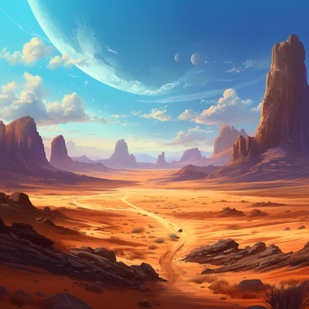 Painting of a desert landscape with a dirt road in the foreground generative ai