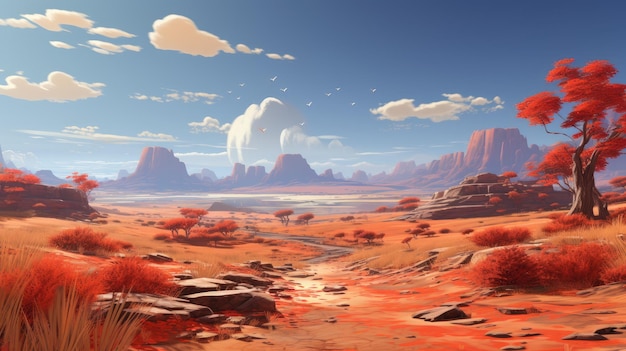 a painting of a desert landscape with mountains in the background.