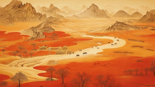 Painting of a desert landscape with a river and mountains in the background generative ai