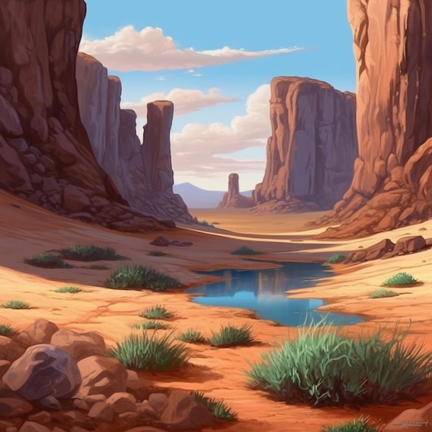 Painting of a desert landscape with a river and rocks generative ai