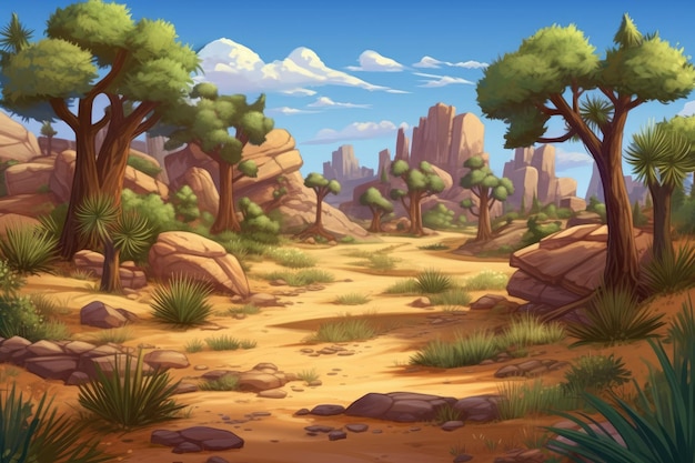 A painting of a desert landscape with rocks and trees