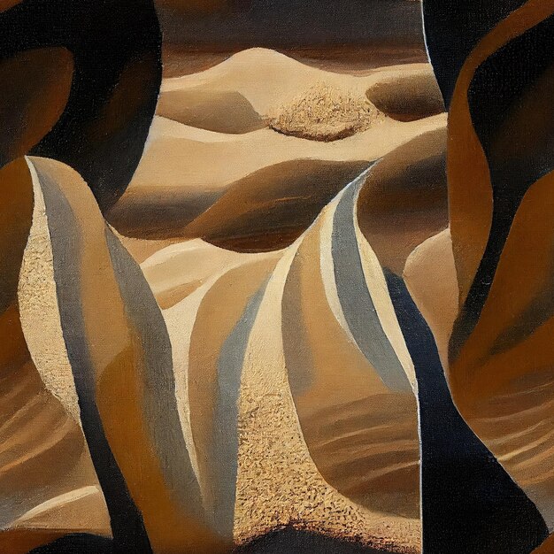 A painting of a desert landscape with the sun shining on it