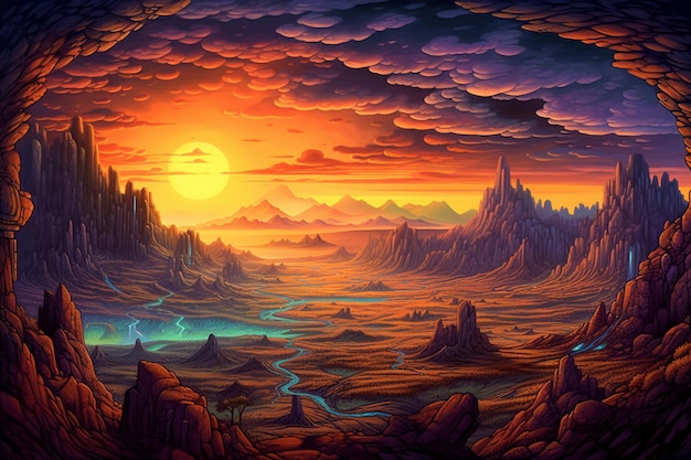 A painting of a desert landscape with a sunset in the background.