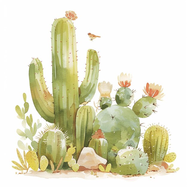 Photo a painting of a desert scene with a cactus and a bird the cactus is surrounded by other plants and rocks and the bird is perched on a branch the painting conveys a sense of tranquility