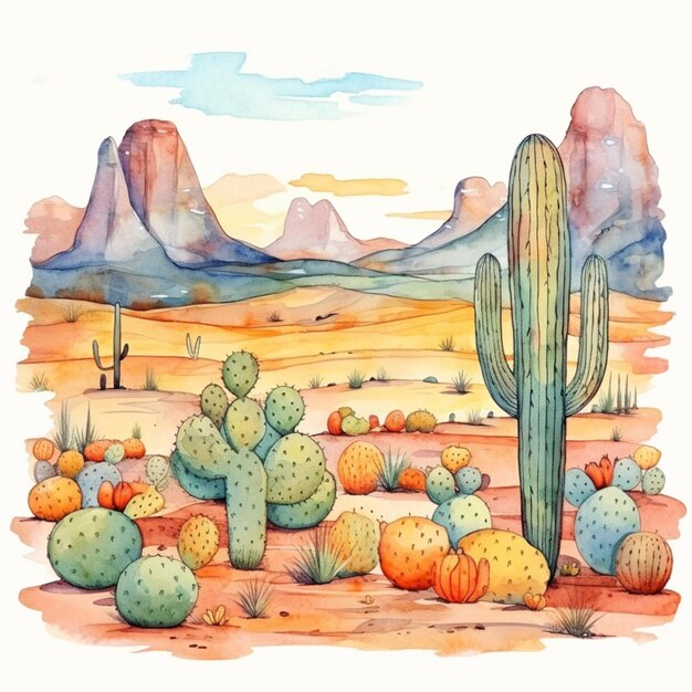 Painting of a desert scene with cactus and mountains in the background generative ai