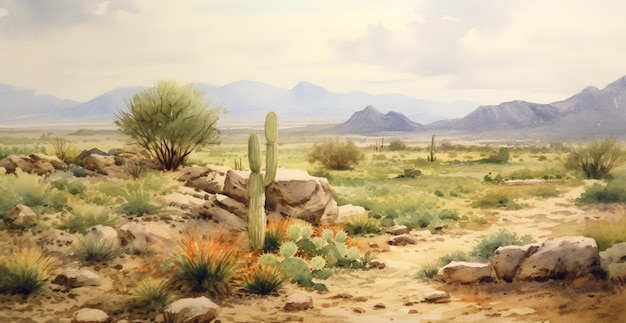 painting of a desert scene with a cactus and mountains in the background generative ai