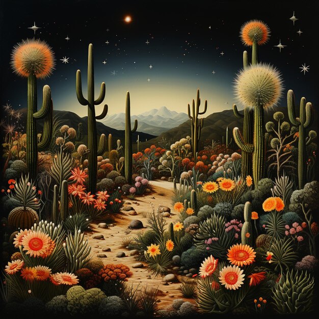 painting of a desert scene with cactus plants and flowers generative ai