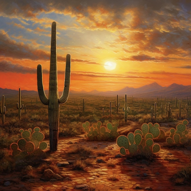 Painting of a desert scene with a cactus and a sunset generative ai