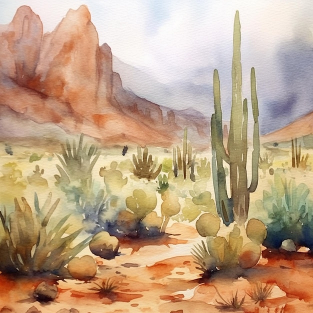 Painting of a desert scene with cactus trees and mountains in the background generative ai