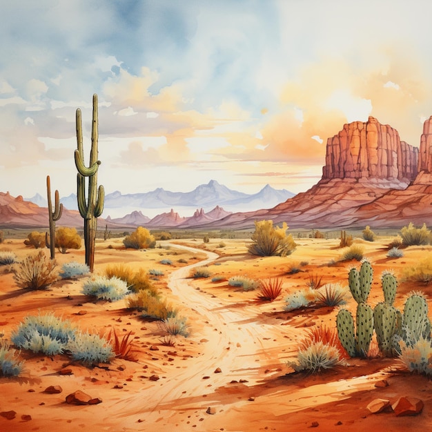 painting of a desert scene with a dirt road and cactus trees generative ai