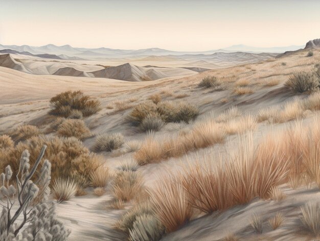 Painting of a desert scene with a horse in the distance generative ai