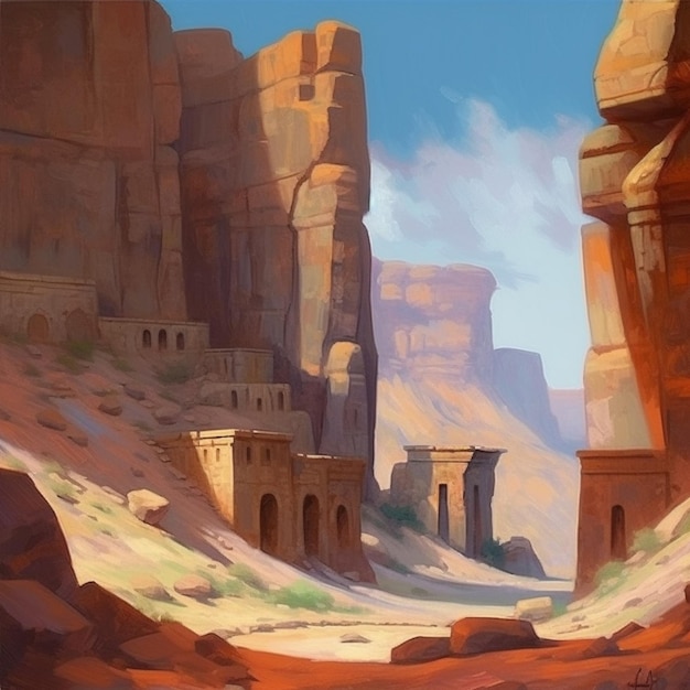 Painting of a desert scene with a large rock formation generative ai