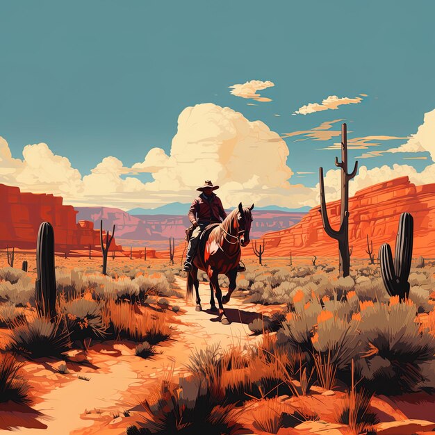 말 을 타고 있는 남자 와 함께 사막 장면 을 그린 그림