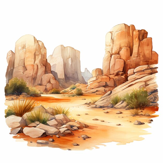 Photo painting of a desert scene with rocks and grass in the foreground generative ai