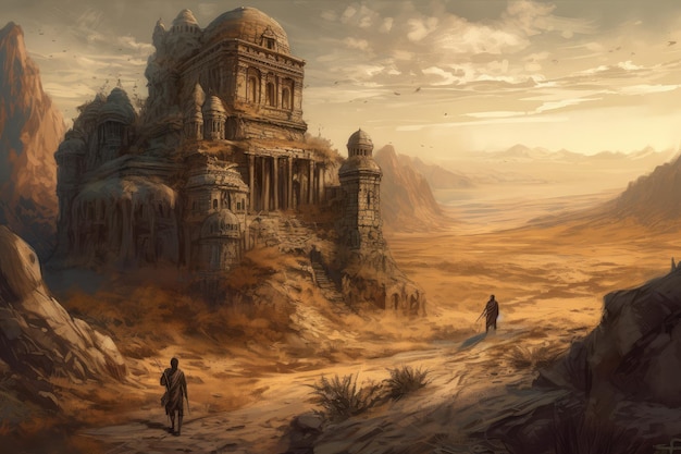 寺院を背景にした砂漠の風景を描いた絵。