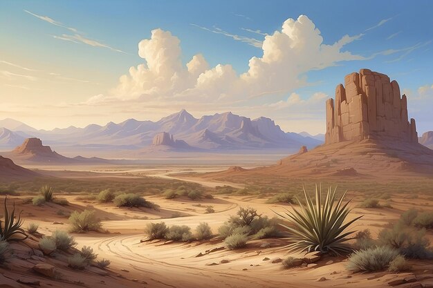 A painting of a desert with a desert scene in the background