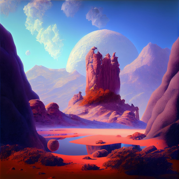 Painting of a desert with a mountain in the background generative ai