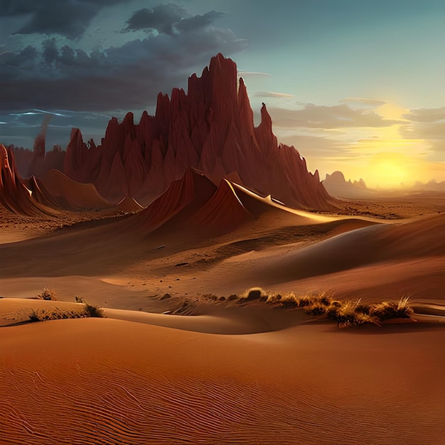 A painting of a desert with a mountain in the background.