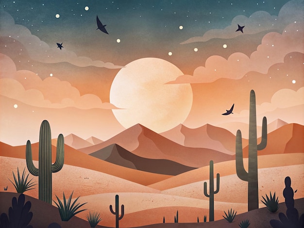 a painting of desert with mountains and desert in the background