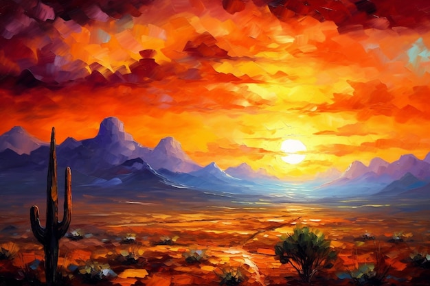 A painting of a desert with a sunset in the background.