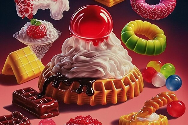 Painting of a dessert with cherry on top it generative ai