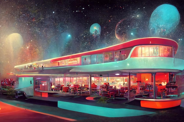A painting of a diner with a neon sign that says'the diner'on it