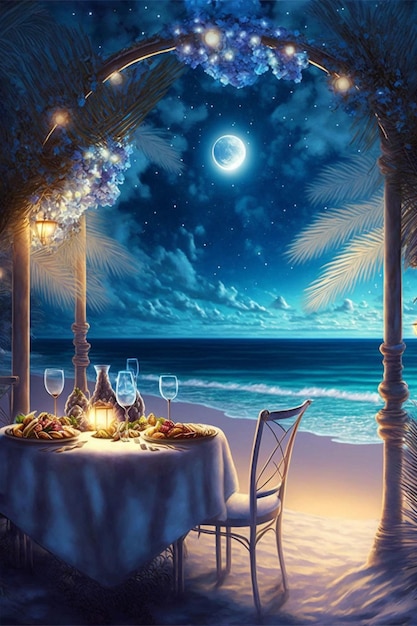 Painting of a dinner table on the beach generative ai