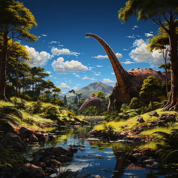 전경 생성 AI에 개울이 있는 숲 속의 공룡 그림