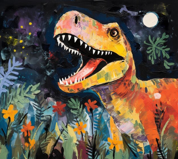 painting of a dinosaur with a full moon in the background generative ai