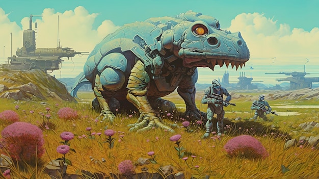 A painting of a dinosaur with a man in the background.