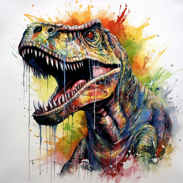 a painting of a dinosaur with a red mouth and the word dinosaur on it.