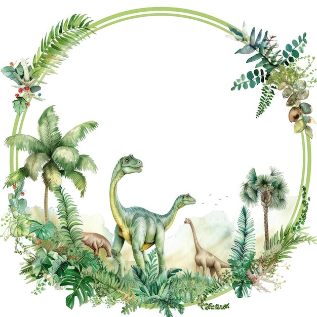 a painting of dinosaurs and plants with a circle of palm leaves