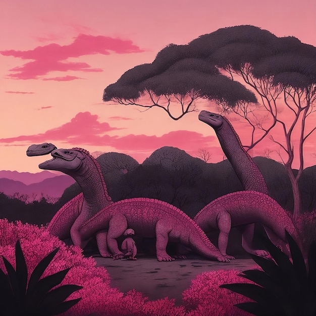 Photo a painting of dinosaurs with a pink sky and mountains in the background