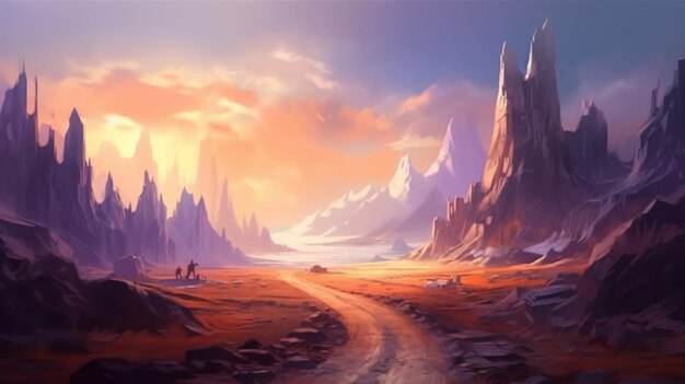 Photo painting of a dirt road in a desert with mountains in the background generative ai