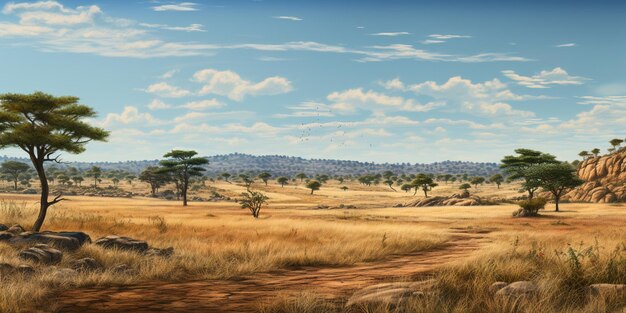 Photo painting of a dirt road in a field with trees and rocks generative ai