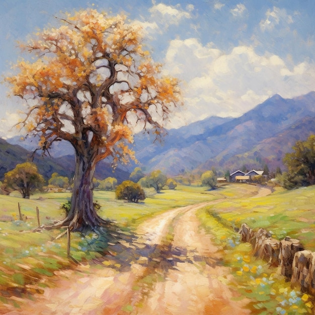 painting of a dirt road leading to a tree in a field generative ai