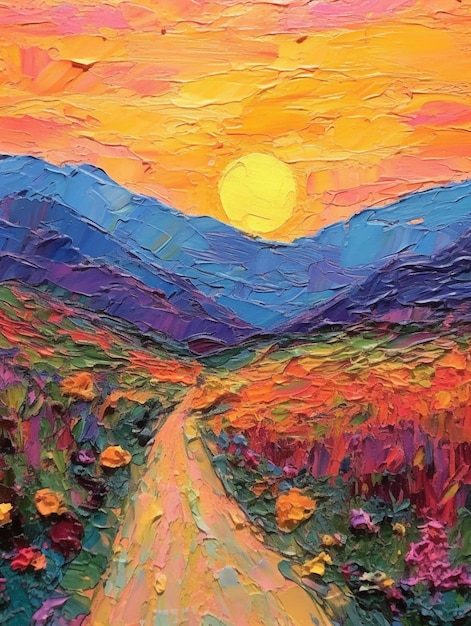 Картина грунтовой дороги с заходом солнца на заднем плане