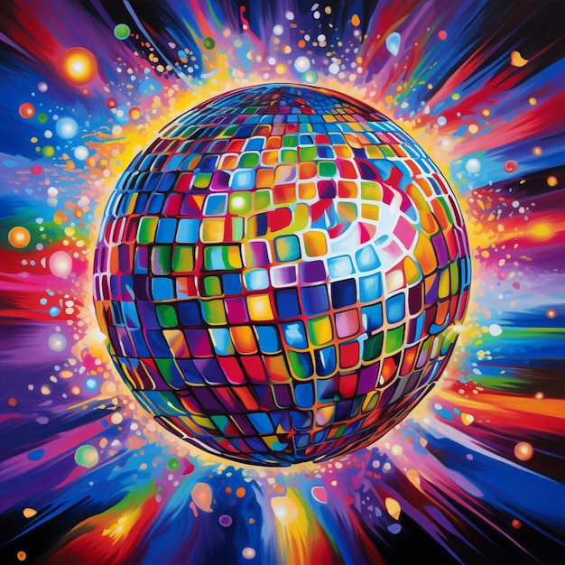 Painting of a disco ball with colorful lights and stars generative ai